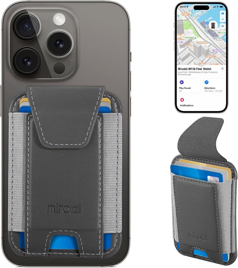 Miroddi for MagSafe Wallet, Works with Apple Find My, Stronger Magnetic Phone Wallet Tracker for iPhone 16/15/14/13/12 Series, Magnetic Card Holder with Privacy Flap, RFID Blocking, Fit 7 Cards, Gray