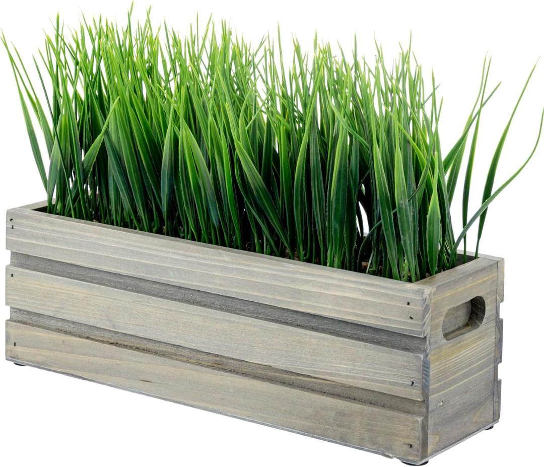 MyGift 12 Inch Artificial Green Grass Plant in Vintage Gray Brown Solid Wood Planter Box, Faux Greenery in Decorative Rectangular Crate Style Container