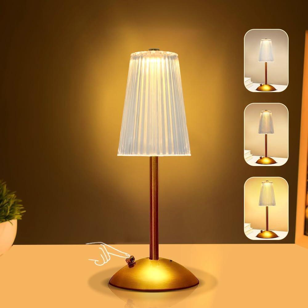 Portable Crystal Metal Desk Lamp,3-Color Touch Control, Rechargeable Battery - Ideal Bedside Lamp for Bedroom Nightstand (Golden)