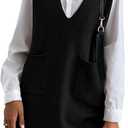Women's Sleeveless Sweater Dress V Neck Knit Vest Dress with Pockets, S