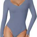 REORIA Womens Sexy Long Sleeve Bodysuit V Neck Lightweight Double Lined Basic Tops Trendy Layering Leotards Fall Going Out Body Suit Shirts 2024 Blue