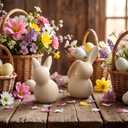 2 Pcs Handmade Terracotta Easter Bunny Figurines Rustic Rabbit Figurine Decor Small 3 Inch Vintage Easter Bunny Statue for Spring Farmhouse Home Office Table Centerpiece Decorations