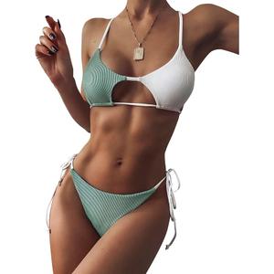 ZAFUL Women's Ribbed Cut Out Bikini Set String Swimwear Sexy Brazilian Thong Bikini Two Piece Swimsuits, Small