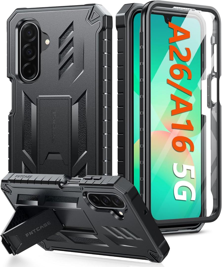 FNTCASE for Samsung Galaxy A26-5G Case: for Galaxy A16-5G Case Military Grade Drop Proof Protection Mobile Cover with Kickstand | Matte Textured Rugged Shockproof Protective Sturdy Phone Case - Black