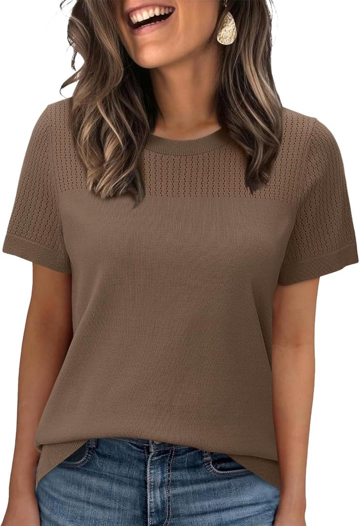WIHOLL Short Sleeve Sweater for Women Trendy Summer Tops 2025 Early Fall Fashion Business Casual Outfits (Large, 03 - Brown)
