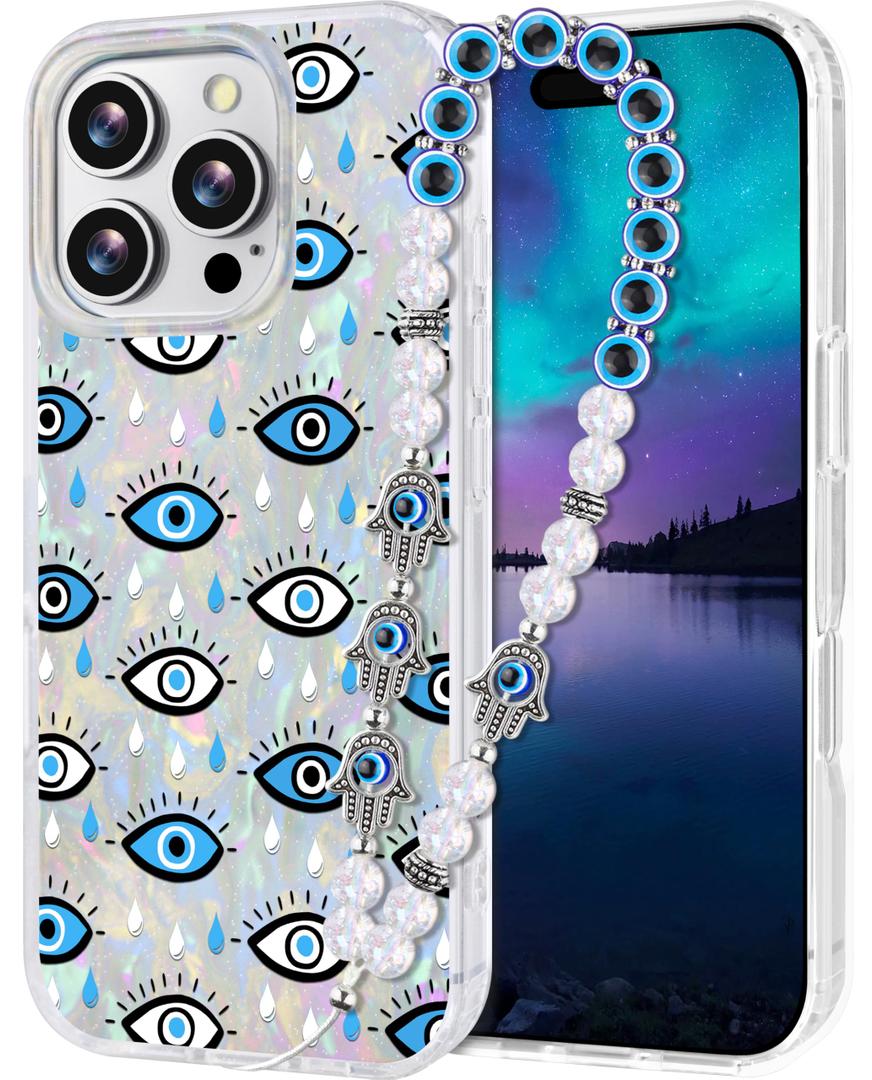 Compatible with iPhone 16 Pro Case for Women Girls, Slim Fit Glitter Cute Phone Case for iPhone 16 Pro with Pearl Phone Charm Lanyard Wrist Strap, Shockproof Hard Protective Case 6.1 Inch Shiny White