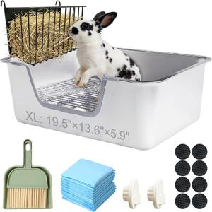 Stainless Steel Rabbit Sifting Litter Box with Hay Feeder (XL)