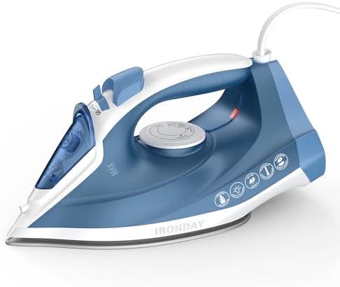 IRONDAY Steam Iron for Clothes Fast Heating, 1200W Iron with Non-Stick Ceramic Soleplate, Self-Cleaning, Burst of Steam, Spray Mist, 7.03oz Water Tank Ironing Clothes for Home, Blue