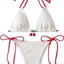 GORGLITTER Women's Cherry Bikini Set High Cut Thong Colorblock Halter Triangle Swimsuit Bathing Suit Summer Fashion (Large, Red and White)