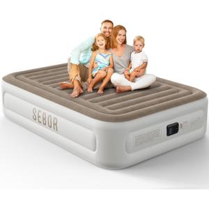 Air Mattress Queen with Built in Pump, 18 inch Inflatable Mattress, Weight Capacity of up to 660 lb MAX, Durable Blow Up Mattress for Home&Guests (Khaki Top / White Gray Body)