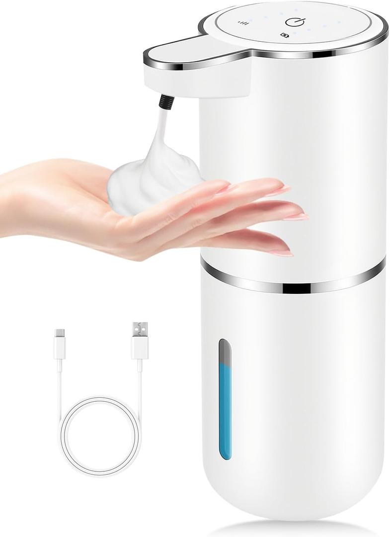 Automatic Foaming Soap Dispenser,Touchless Soap Dispenser with 4 Adjustable Foam Levels,Wall Mounted and USB Rechargeable,12.8oz Large Capacity for Bathroom,Kitchen Sink,Dish Soap,White 1, Foam x1