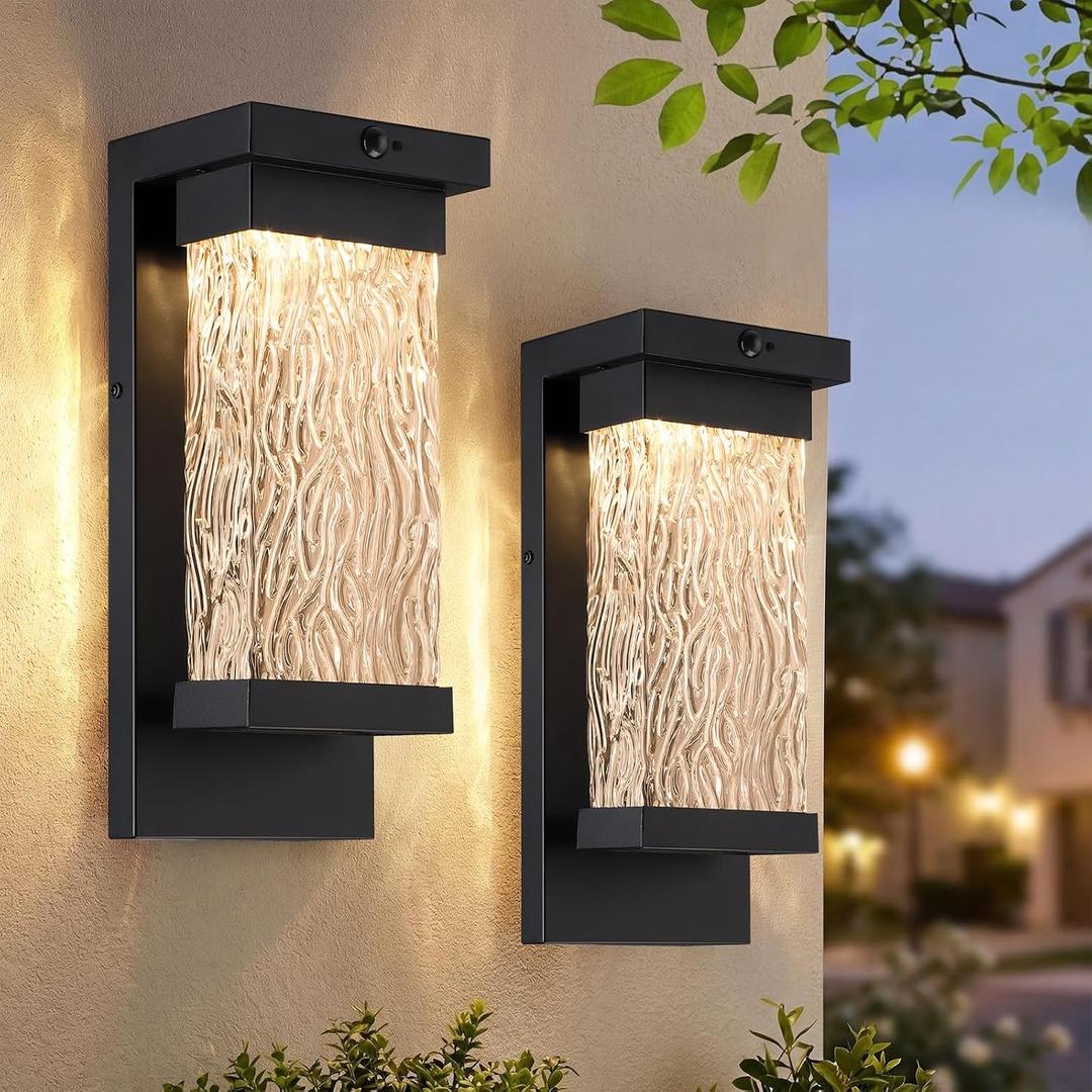 2 Pack Motion Sensor LED Outdoor Lights, 15" Dusk to Dawn Exterior Lighting Fixtures with Attractive Glass, Large Modern Black Outside Sconces Lights Porch for House, Front Door, Garage