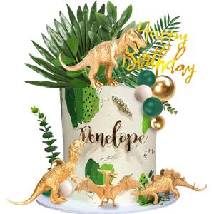 21 PCS Gold Dinosaur Cake Toppers Dinosaur Figures Green Ball Cake Decoration for Boy Girl Birthday Baby Shower Dinosaur Theme Party Supplies (Gold)