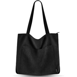 Prite Corduroy Tote Bag for Women Large Shoulder Bag with Zipper and Pockets for College Work Travel Shopping(Black)