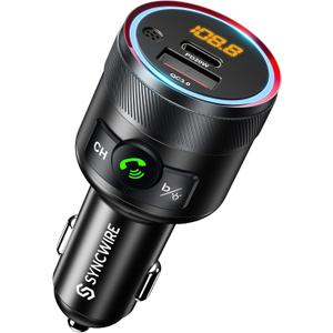 Syncwire Bluetooth 5.4 FM Transmitter for Car, 38W PD&QC3.0 Dual USB Charging Bluetooth Car Adapter Microphone & Bass Sound MP3 Music Player FM Kit with Hands-Free Calling (Black)