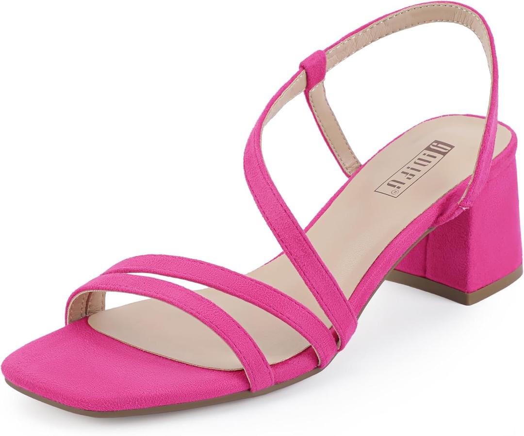 IDIFU IN3 Strappy Heels for Women - Low Block Chunky Heels - Open Square Toe Slingback Sandals - Comfortable & Trendy Dress Shoes for Women's Wedding, Bridal & Prom (6, Hot Pink Suede)