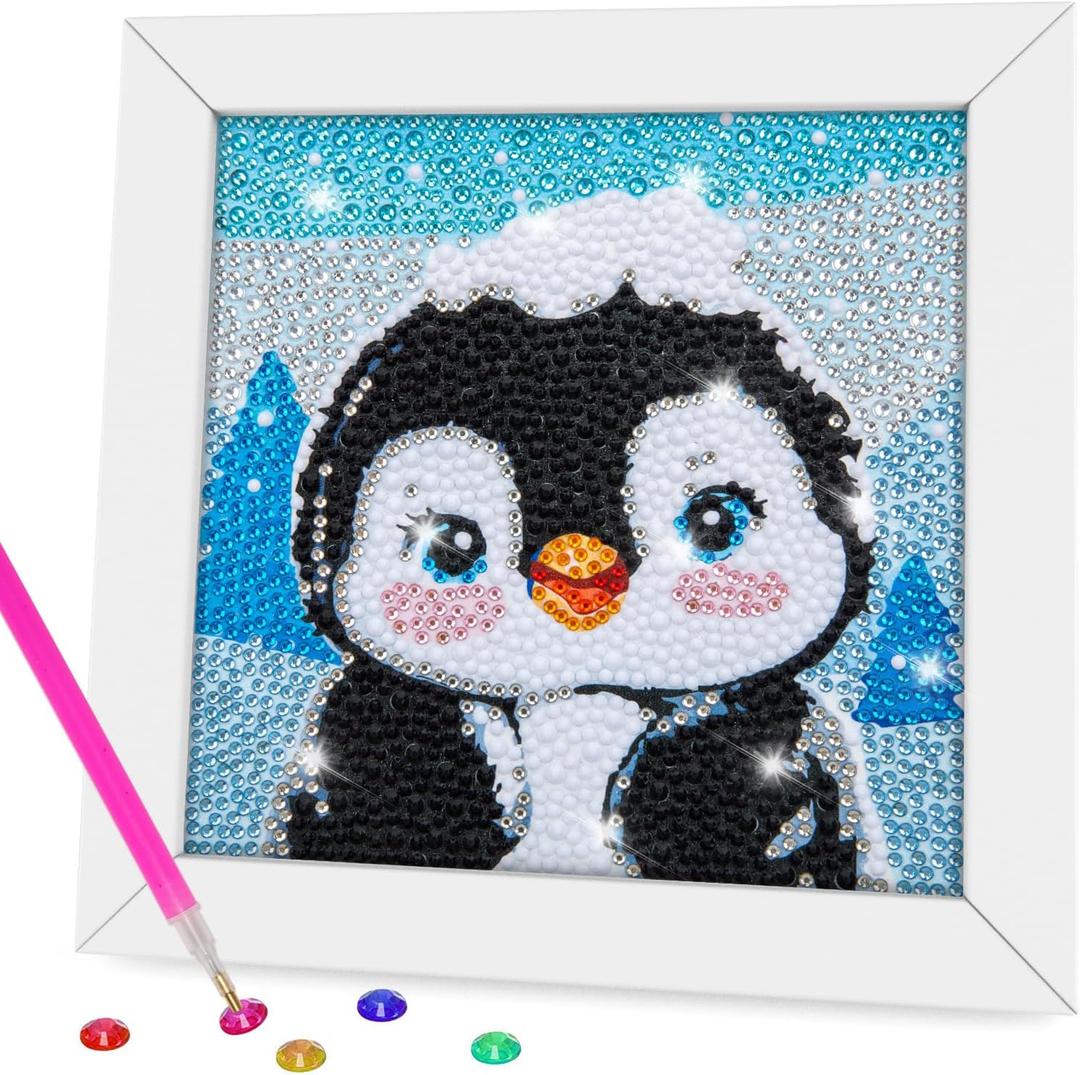 QEUOYSS Diamond Art Kit for Kids with Wooden Frame Art and Crafts for Kids Ages 6-8 -10-12 Easy to DIY Diamond Art for Kid and Adult Beginners Home Wall Decoration (Penguin)