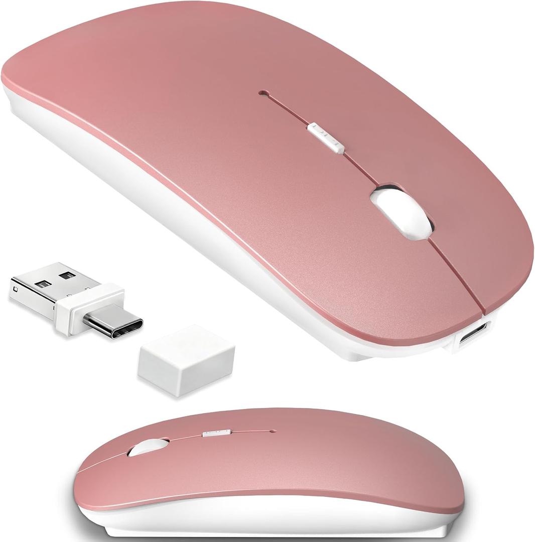 Wireless Mouse for MacBook & iPad, Bluetooth 5.2/3.0 & 2.4G USB-C/USB-A, Rechargeable Silent Slim Mouse with Multi-Device Switching & Activity Mode to Prevent Screen Lock - Rose Gold