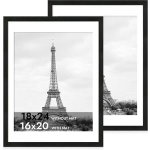 iRahmen 18x24 Picture Frame Set of 2 with Plexiglass, Black Poster Frame Display 16x20 Picture with Mat or 18 x 24 Without Mat, Wood Photo Frame for Gallery Wall Mounting Horizontal and Vertical