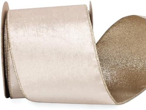 Ribbli Light Champagne Velvet Wired Ribbon 4 Inch Ivory Velvet with Champagne Glitter Christmas Ribbon for Christmas Tree Decoration Big Bow Gift Wrapping Crafts Wreaths Supplies
