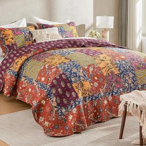 DECMAY 100% Cotton Patchwork Quilts Queen Size Set, Lightweight Farmhouse Queen Quilt Bedding Set, 3 Pieces Bedspreads Reversible Coverlet Set with 2 Pillowcases for All Seasons,Orange