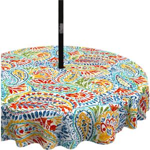 LVTXIII Outdoor/Indoor Round Tablecloth, Patio Stain Resistant Table Covers with Umbrella Hole Picnic Table Cloth with Zipper for Patio Garden Buffet Table Decoration, 60", Round, Paisley Multi