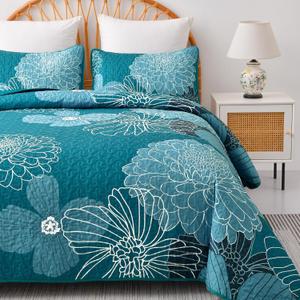 King Quilt Sets Teal Floral Pattern Quilt Bedding Set, 3 Pieces Botanical Quilt Bedspread Coverlet Set, Soft Microfiber Boho Flower Bed Coverlet Bedding Set for All Season(104" x 90)