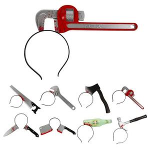 7 PCs Halloween costume decoration, axe, beer bottle, wrench, 2 syringes , includes headbands ( bloody )