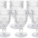 Kingrol Vintage Goblet Glasses Set of 6, 10 oz HeavyDuty Pressed Glass Water or Wine Glasses with Ornate Design for Dining, Daily Use or Party Display