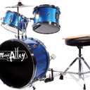 Music Alley 3 Piece Kids Drum Set with Drum Sticks & Drum Throne Seat (Metallic Blue)
