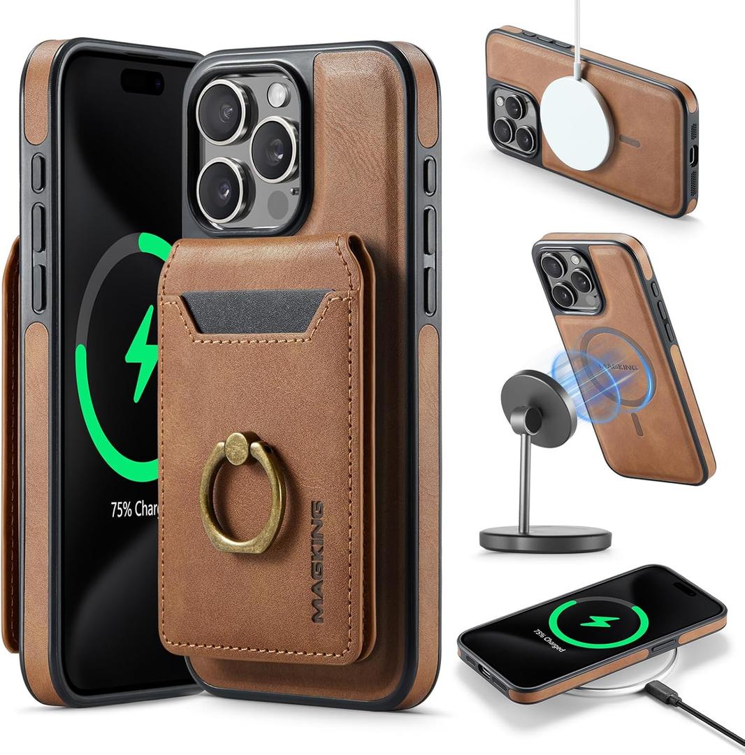 SZHAIYU 2 in 1 Detachable Magnetic Phone Cases Compatible with iPhone 15 Pro Max Case with Card Holder Ring, Compatible with Magsafe Wallet, Leather Men 6.7'' RFID Blocking (Brown,iPhone 15 Pro Max)
