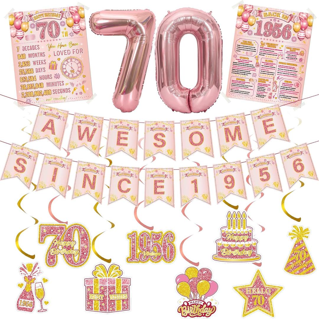 70th Birthday Decorations Women Balloons - 14 Pcs Rose Gold Awesome Since 1956 Banner Number Foil Balloon Hanging Swirls Vintage Poster For 70 Year Old Party Supplies