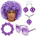 Canlierr 70s Disco Costume Accessories Set for Women, Afro Wig Disco Ball Earrings Necklace Bracelet Sunglasses for Halloween Party(Purple)