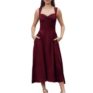 YHHOWEP Women's Formal Midi Dress Wedding Guest Corset Sleeveless Elegant Cocktail A Line Flowy Dresses Semi Formal Sundress with Pockets Burgundy M (Red)