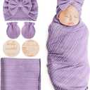 AQOKKA Newborn Receiving Blanket with Bow Hat Mittens Wooden Card Set Wheat-Pattern Newborns Toddler Baby Boy Girl Nursery Swaddle Wrap 3_6 Month