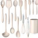 LIANYU 14 Pcs Kitchen Utensils Set with Holder, Silicone Cooking Utensils Spatula Set, Heat Resistant Cookware Tools Includes Spoon Turner Whisk Tong, Dishwasher Safe, Khaki