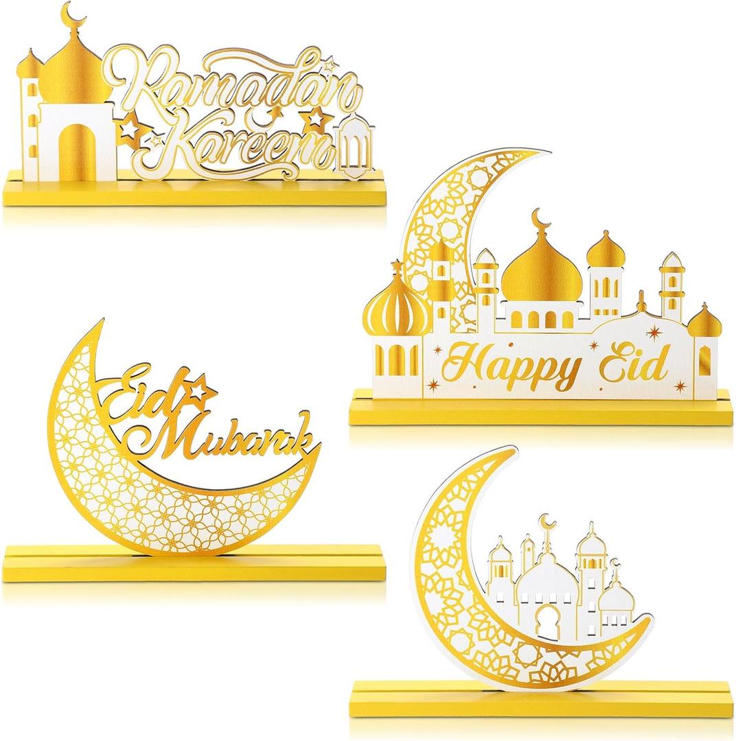 Blulu 4 Pcs Ramadan Mubarak Table Centerpiece Decorations Eid Mubarak Kareem Tiered Tray Muslim Wood Signs Table Decor Al-fitr Gold Detachable Tabletop Supplies for Home Kitchen Eid Al Fitr Party