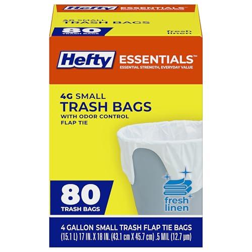 Hefty Essentials Flap Tie 4 Gallon Trash Bags, 80 Count, Small Scented Trash Bags for Bathrooms, Bedrooms, Dorm Rooms, Home Offices, and More, Fresh Linen Scent, White