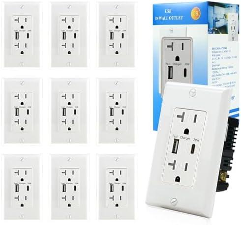 [10 Pack] LGL USB C Charger Wall Outlet, 20W Fast Charging USB A & USB C Port Wall Receptacle, 20Amp 125 V Duplex Tamper Resistant Receptacle, ETL Listed, Wall Plate Included, White (10 Pack)