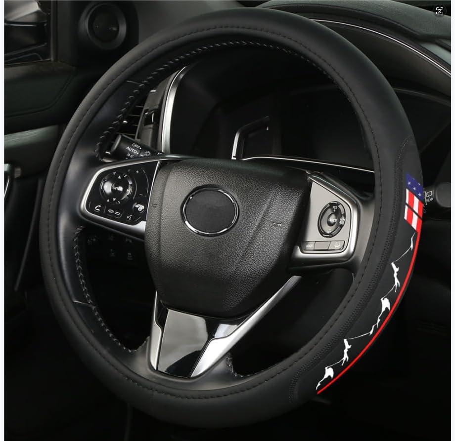 Premium Leather American Flag USA Steering Wheel Cover Universal 14.5-15inch Compatible with Car Truck SUV