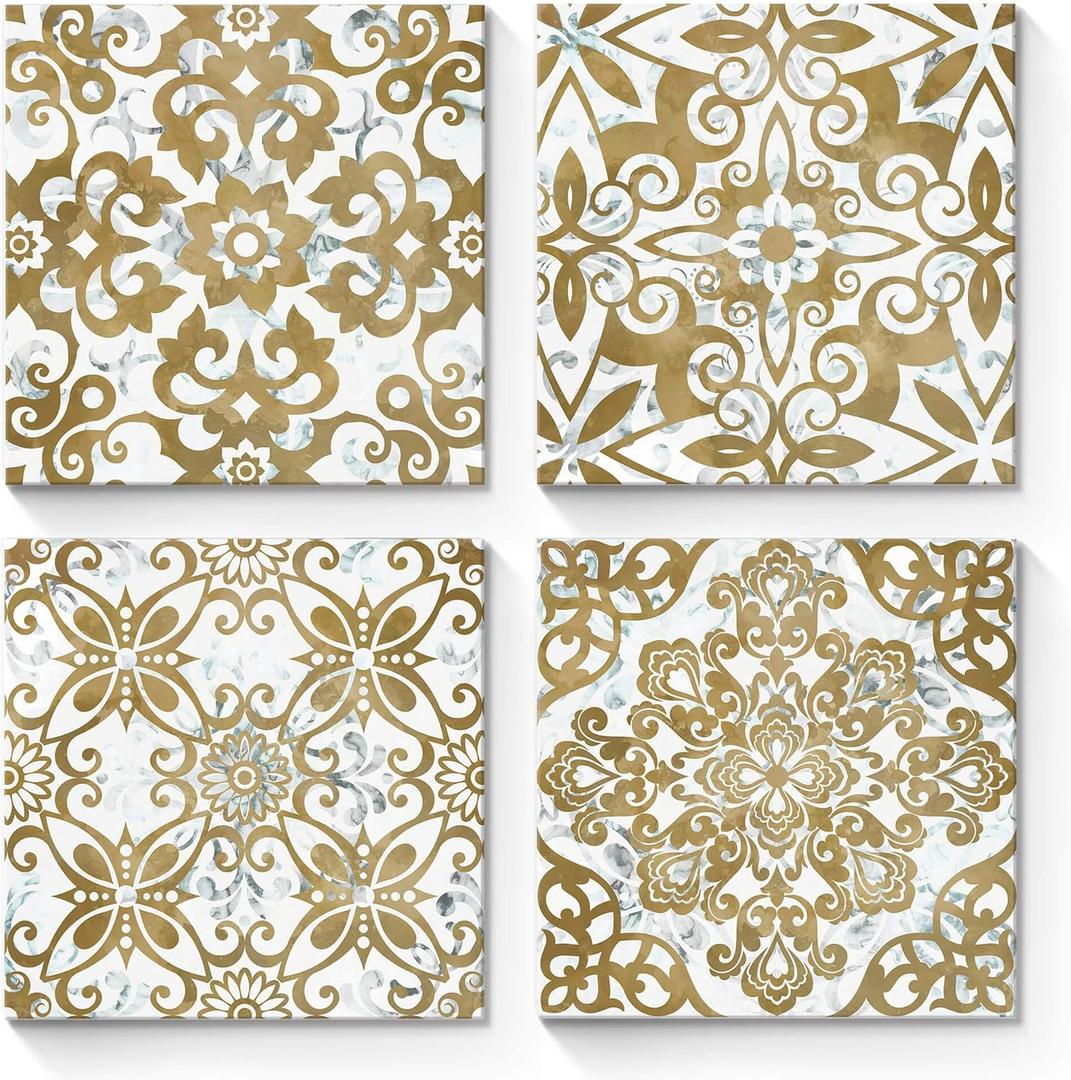 Vintage Flower Pattern Canvas Prints: Gold and Gray Mandala Pictures Wall Art 4 Piece Modern Bohemian Artwork Abstract Boho Floral Painting for Bathroom Bedroom Living Room Ready to Hang
