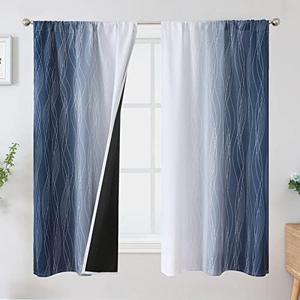 Estelar Textiler Rod Pocket Navy Blue and Greyish White Blackout Curtains for Living Room, Light Blocking Window Curtains, Thermal Insulated Room Darkening Drapes for Bedroom, 42x63 Inch, 2 Panels