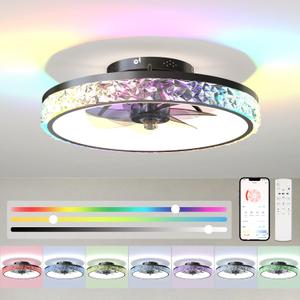20" Smart RGB Ceiling Fan with Light and Remote/App Control. This bladeless fan has a sleek black design. It features a dimmable, color-changing RGB light. This makes it ideal for bedrooms, kids' room