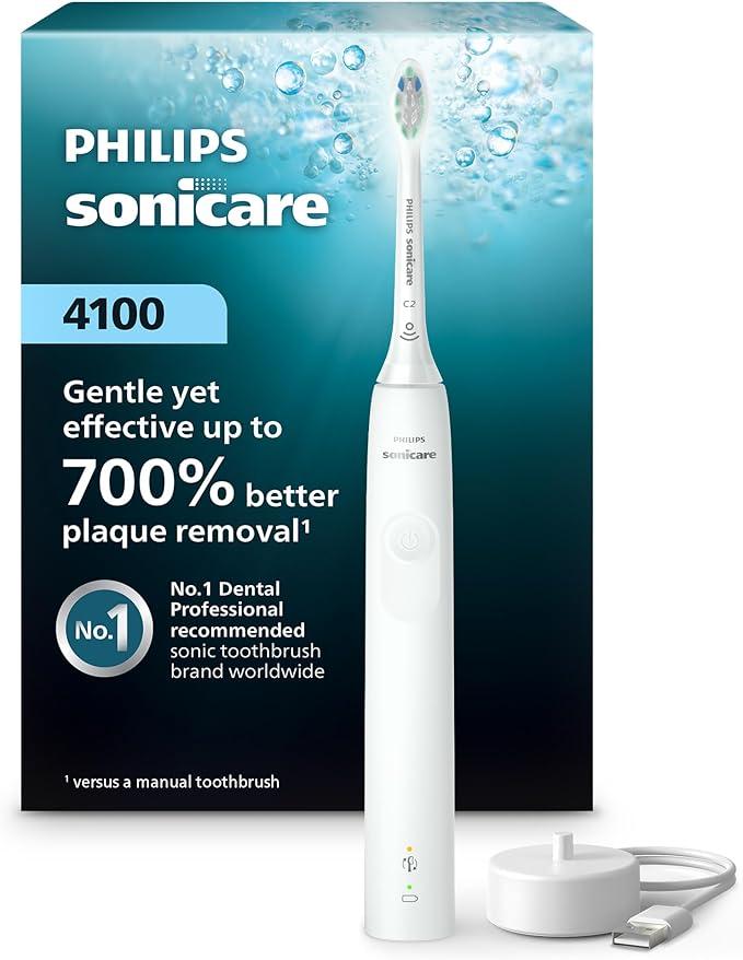 Philips Sonicare 4100 Series Electric Toothbrush  Sonic Toothbrush with Advanced Sonic Technology, Pressure Sensor, Two Intensity Settings, Smartimer & Quadpacer, White, Model HX3681/23
