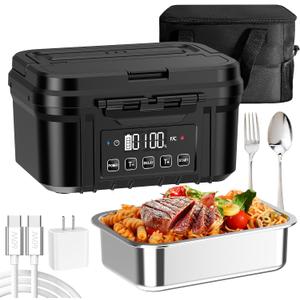 FERVINOW Cordless Electric Lunch Box for Adults  Battery-Powered Heated Lunch Box with 1.2L Stainless Steel Container, Timer Function, and Leak-Proof Food Warmer for Work, Travel & Office (Black)