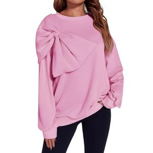 Fisoew Womens Oversized Bow Sweatshirt Long Sleeve Crewneck Casual Fall Pullover Tops Pink, XL