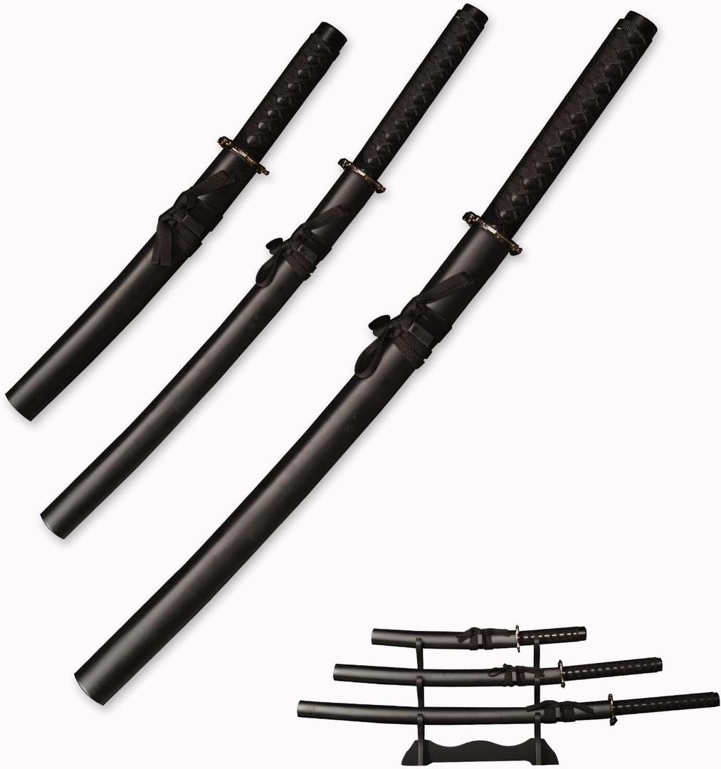 3pc Set Japanese Samurai Sword with Display Stand,Iaido Katana Carbon Steel Blade Real Sword for Display Decoration and Gift