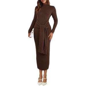 Saodimallsu Womens Long Sleeve Midi Sweater Dress Bodycon Mock Neck Ribbed Knit Tie Waist Fall Long Dresses (Large, Brown)