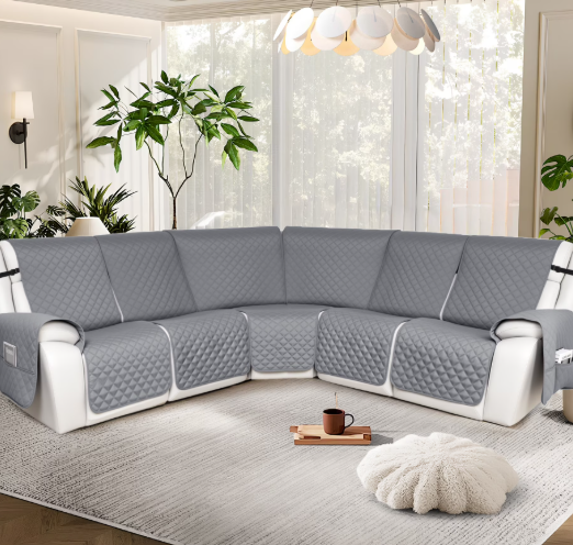 100% Waterproof Reclining Sectional Couch Covers L-Shape Recliner Sofa Cover 5 Seat, Silver Gray