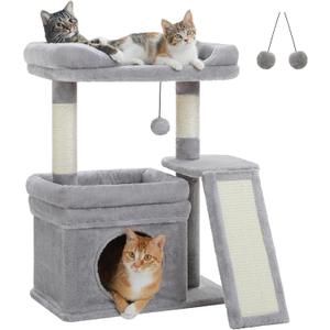 PEQULTI Small Cat Tree Tower for Large Adult Cats with Wide Top Perch, Private Cat Condo and Sisal Scratching Post&Pad for Indoor Cats, Gray (Grey)
